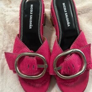 Nicole Saldana Pink Suede Mules with Silver Buckle